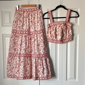 Japna Red and Cream Floral Two-Piece Set Boho Cottagecore Top Medium Skirt Small